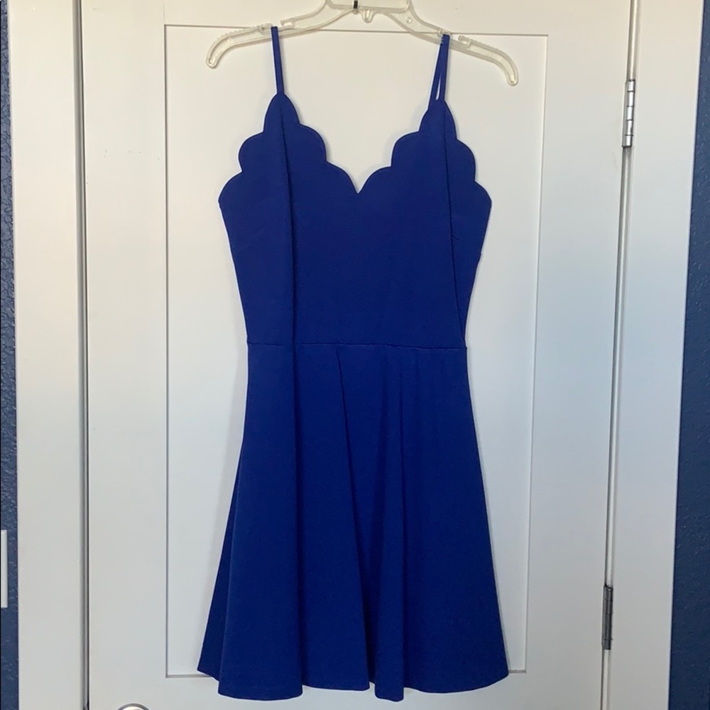 Blue fit and flare dress with scalloped neckline